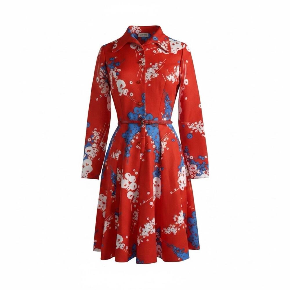 Vintage 70s Jack Wasserman Red Floral Shirt Dress ILGWU Belted Midi Small
